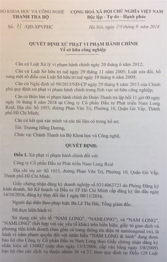 Quyết định xử phạt vi phạm hành chính đối với Nam Long Real vì xâm hại quyền đối với nhãn hiệu được bảo hộ.