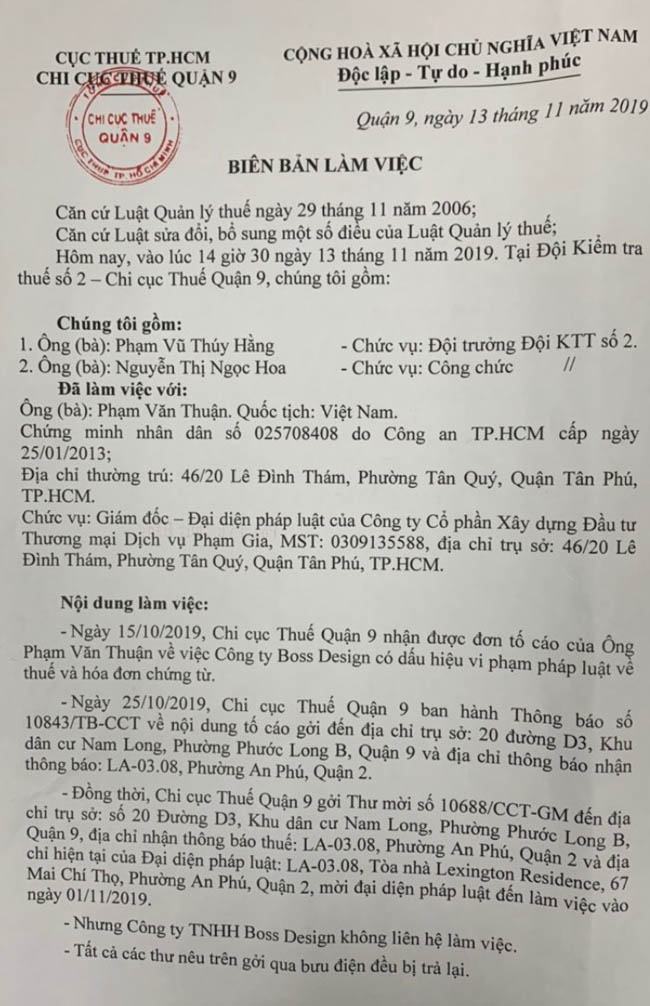 Văn bản của Chi cục Thuế quận 9 ngày 13/11/2019 xác định Công ty Boss Design có dấu hiệu vi phạm về thuế (ảnh DM)