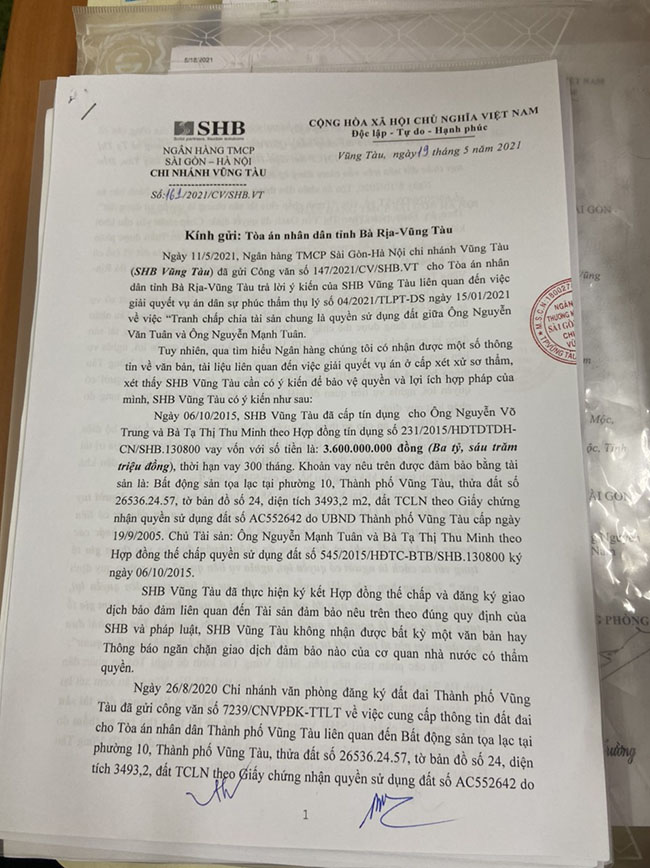Ngày 19/5 mới đây, Ngân hàng SHB chi nhánh Vũng Tàu có văn bản gửi TAND tỉnh Bà Rịa - Vũng Tàu phản đối việc tại sao tòa không đưa SBH vào tư cách Người có quyền lợi, nghĩa vụ liên quan.