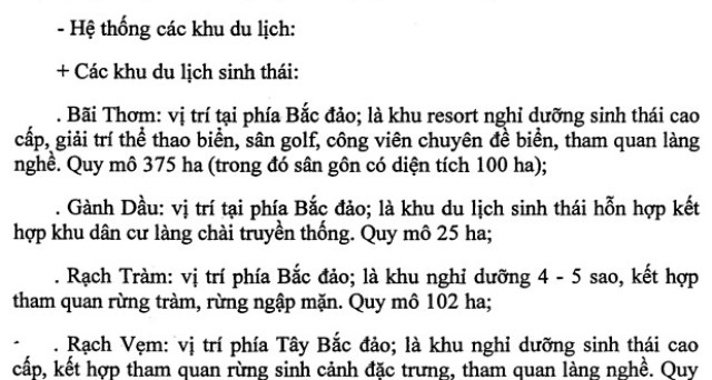 Quyết định số 633/QĐ-TTg của Thủ tướng Chính phủ ban hành ngày 11/5/2010, phê duyệt điều chỉnh Quy hoạch chung xây dựng đảo Phú Quốc, tỉnh Kiên Giang đến năm 2030, thì Dự án Khu sinh thái Rạch Tràm được xác định rõ: Đây là "khu nghỉ dưỡng 4-5 sao, kết hợp tham quan rừng tràm, rừng ngập mặn, quy mô 102ha".