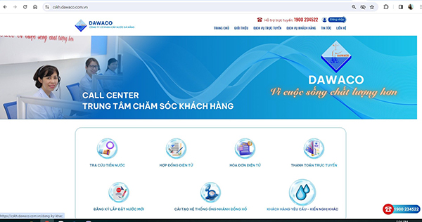 Giao diện website chăm sóc khách hàng của Dawaco.