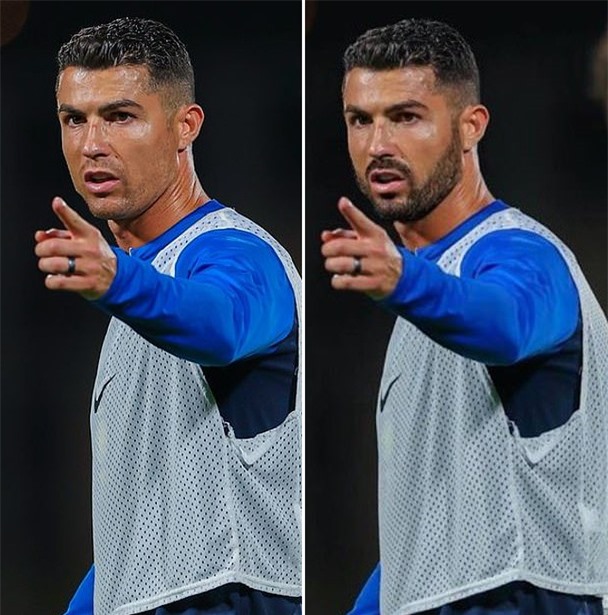 Tấm ảnh gốc (trái) được Ronaldo đăng tải trên trang cá nhân và hình ảnh được chỉnh sửa (phải)