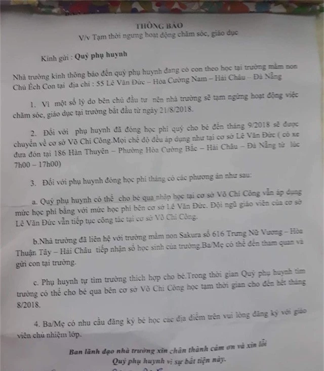 Thông báo trường ngưng hoạt động nêu vì một số lý do từ phía chủ đầu tư và hướng dẫn phụ huynh phương án cho trẻ tiếp tục đến trường