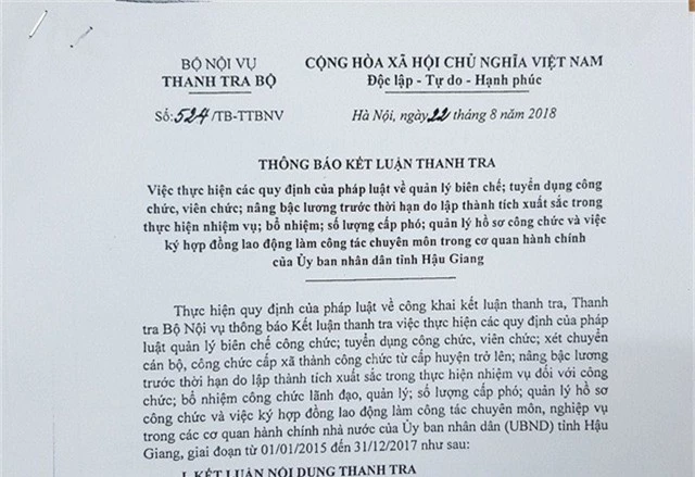 
Thông báo kết luận của Thanh tra Bộ Nội vụ về việc tuyển dụng công chức, viên chức... ở Hậu Giang
