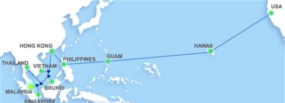 Sơ đồ kết nối tuyến cáp quang AAG ngầm bên dưới Thái Bình Dương, nối Đông Nam Á sang Mỹ