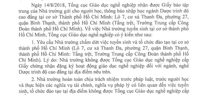 Văn bản của Tổng cục dạy nghề yêu cầu Trường CĐ Y dược Hà Nội thực hiện nghiêm các quy định