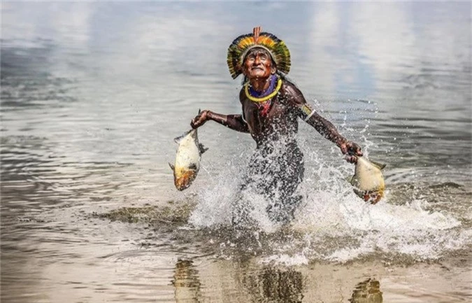 Một người đàn ông bộ lạc Bejà Kayapó tìm đường qua sông Xingu với một con cá trong tay sau chuyến săn bắt thành công.