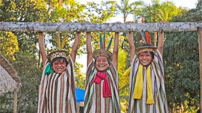 Những đứa trẻ Ashaninka tươi cười khi cùng chơi đùa trên một thanh gỗ ngang ở làng Apiwtxa. Theo nhiếp ảnh giaRicardo, thổ dân da đỏlà người đầu tiên sống ở Brazil. “Chúng ta nợ họ một phần quan trọng trong mọi khía cạnh của văn hóa.Họ là những chiến binh vẫn chiến đấu chống lại rất nhiều nghịch cảnh. Họ yêu thiên nhiên và đấu tranh vì thiên nhiên“.Đó là lý do tại sao Ricardo quyết định xuất bản cuốn sách về người da đỏ Brazil vào năm nay.