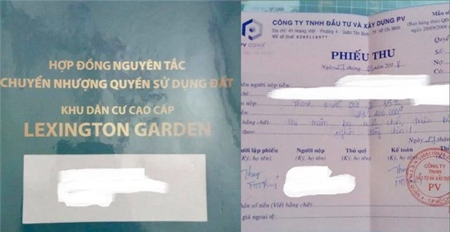  “Hợp đồng nguyên tắc chuyển nhượng quyền sử dụng đất” và phiếu thu tiền tại dự an Lexington Garden.