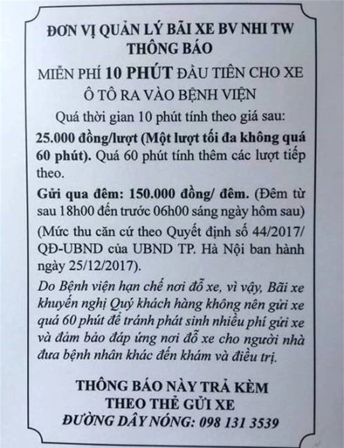 Gửi ô tô 3 ngày ở Bệnh viện Nhi TW mất 1,7 triệu đồng