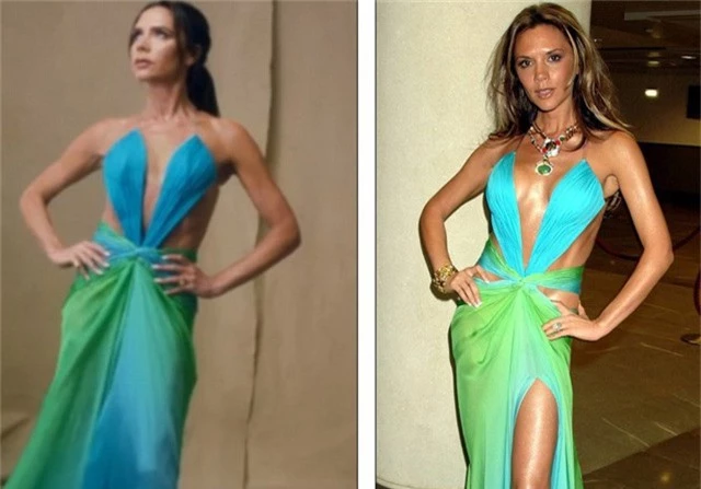  Vic diện lại bộ váy Robert Cavalli mà cô yêu thích và từng mặc vào năm 2005 (ảnh phải) 