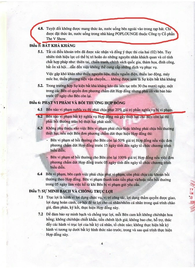 Việc ekip của Khánh Loan đem nước suối vào uống trong giờ tổng duyệt ngày 27/7 đã vi phạm các thỏa thuận đã cam kết tại khoản 4.7 và 4.8 Điều 4 trong hợp đồng.