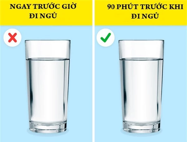 Nước lọc Các chuyên gia dinh dưỡng khuyên bạn nên uống một ly nước lọc 90 phút trước khi đi ngủ. Nếu uống quá sát giờ đi ngủ, bạn sẽ phải thức dậy đi vệ sinh vào lúc nửa đêm, gây ảnh hưởng đến giấc ngủ.