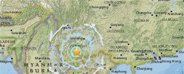 
Động đất xảy ra tại tỉnh Vân Nam, tây nam Trung Quốc (Ảnh: USGS)
