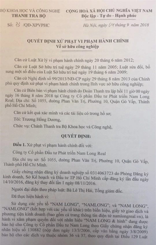 Quyết định xử phạt vi phạm hành chính đối với Nam Long Real vì xâm hại quyền đối với nhãn hiệu được bảo hộ.