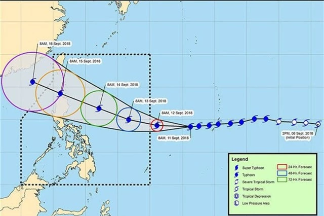Siêu bão Mangkhut dự kiến sẽ đổ bộ vào đảo Luzon của Philippines vào sáng sớm ngày 15/9. Hiện sức gió của cơn bão này đã lên tới 285 km/h và được dự báo là cơn bão mạnh nhất đổ bộ vào Philippines trong năm nay. Trong ảnh: Đường đi dự kiến của bão Mangkhut trong những ngày sắp tới. (Ảnh: Philstar)