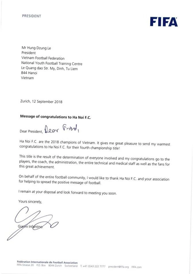 FIFA President letter