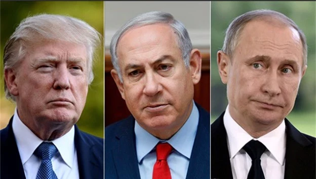 Từ trái qua phải: Tổng thống Mỹ Donald Trump, Thủ tướng Israel Benjamin Netanyahu và Tổng thống Nga Vladimir Putin (Ảnh: AFP, Reuters)