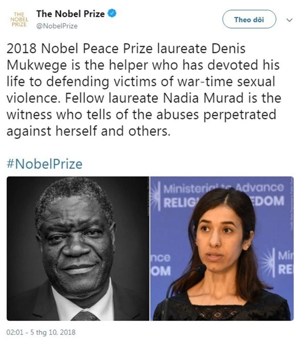 
Thông báo của Ủy ban Nobel Na Uy về chủ nhân giải Nobel Hòa bình - Denis Mukwege (trái) và Nadia Murad (Ảnh: Twitter)
