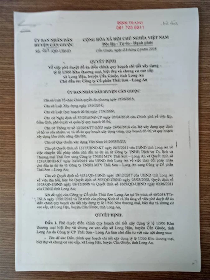 UBND huyện Cần Giuộc (Long An) ra quyết định cho Công ty Cổ phần Thái Sơn - Long An (ảnh TM)
