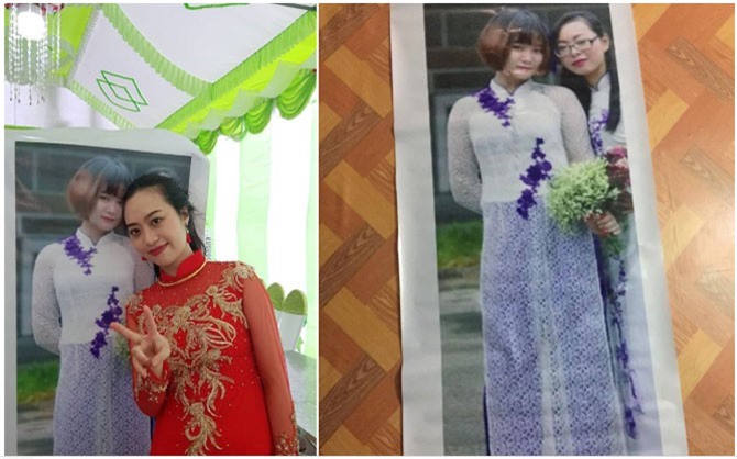 Cô dâu chụp ảnh cùng hình bạn thân trong ngày cưới