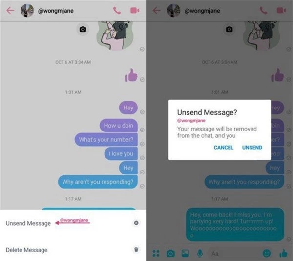 Giao diện cho thấy tính năng “Unsend” để thu hồi tin nhắn trên ứng dụng Messenger