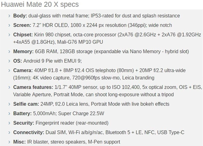 Cấu hình của Huawei Mate 20 X.
