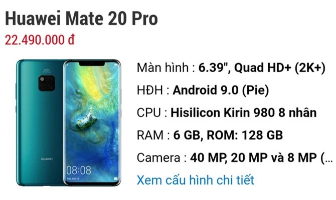 Giá bán Huawei Mate 20 Pro.