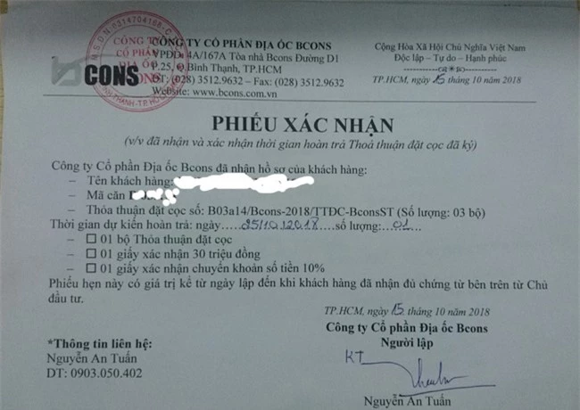 Phiếu xác nhận thỏa thuận nhận tiền đặt cọc giữa chủ đầu tư với khách hàng (ảnh KC).