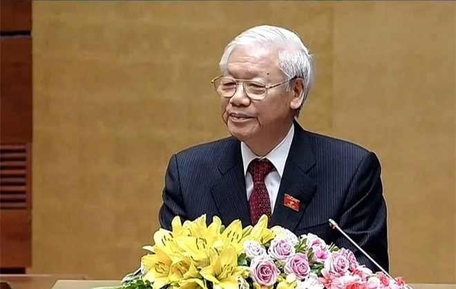 Tổng Bí thư, Chủ tịch nước Nguyễn Phú Trọng phát biểu nhậm chức sau lễ tuyên thệ. Ảnh: Báo Chính phủ.