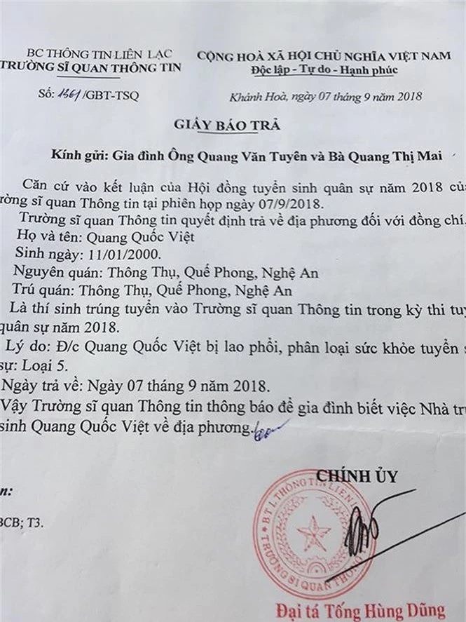 Bộ Quốc Phòng kết luận vụ nam sinh bị trường Sỹ quan thông tin trả về - ảnh 2