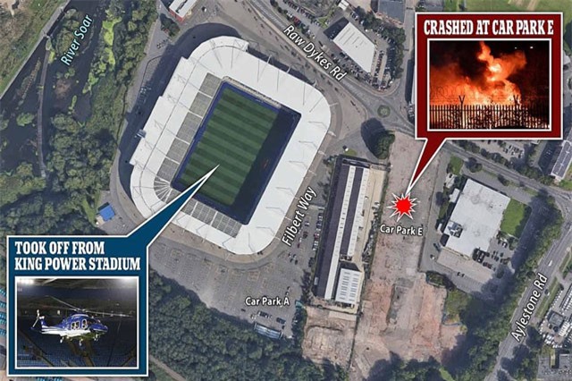 Hiện trường trực thăng của chủ tịch Leicester City rơi ngoài sân vận động