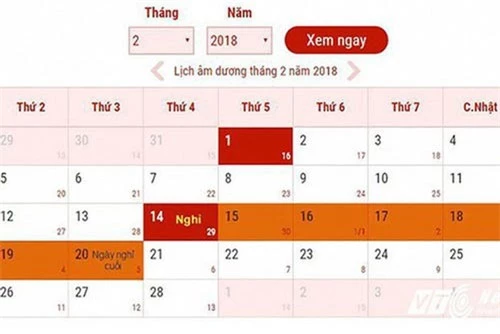 Lịch nghỉ Tết Nguyên đán năm 2018.