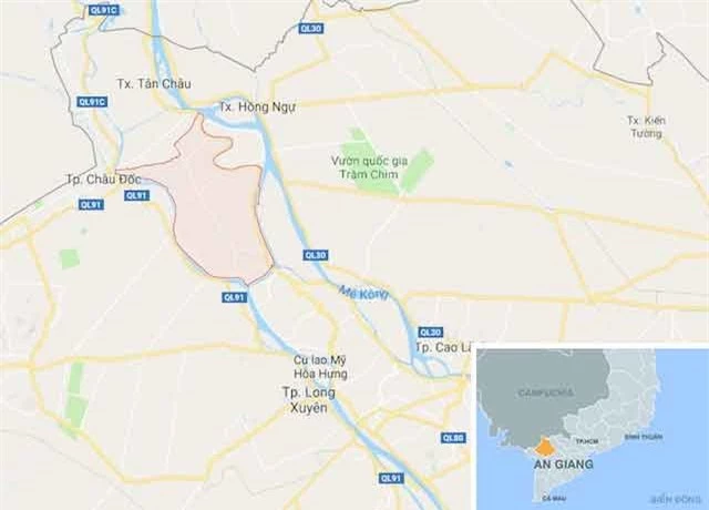 Huyện Phú Tân (khoanh đỏ), nơi hai nữ sinh bị xâm hại. Ảnh: Google Maps. 