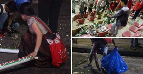 Nhặt rác sau trận đấu, CĐV Myanmar gây ấn tượng với báo nước ngoài