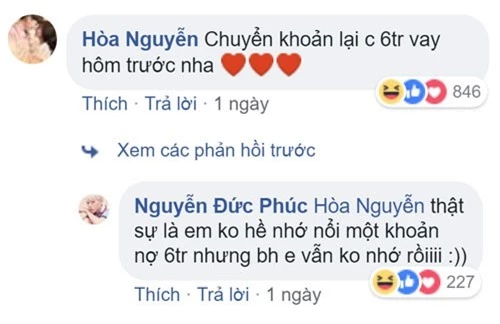 Hòa Minzy đòi nợ Đức Phúc ngay trên Facebook. Ảnh chụp màn hình.