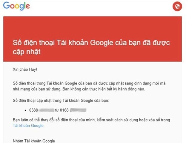 Email được Google gửi đến thông báo về việc cập nhật số điện thoại khiến nhiều người lo lắng