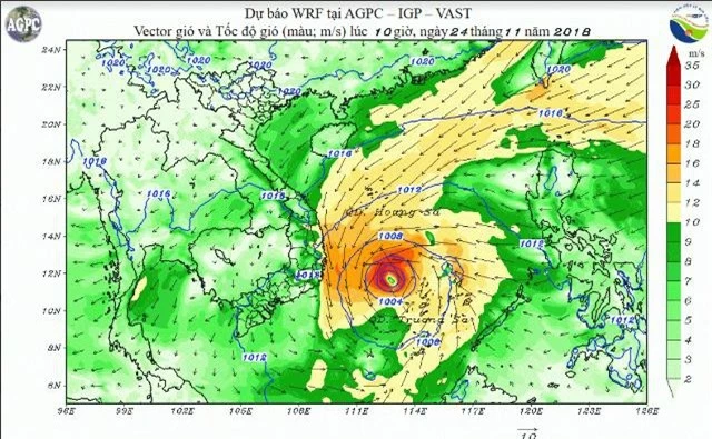 Mô phỏng mây trong bão trên Biển Đông bằng mô hình WRF ( ảnh do Viện Vật lý địa cầu cung cấp).