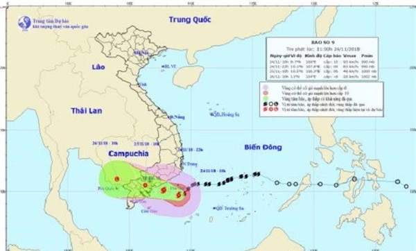 Vị trí và hướng đi của cơn bão số 9