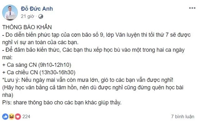 Giáo viên dạy Ngữ văn tại Sài Gòn thông báo học sinh được nghỉ trước diễn biến phức tạp của cơn bão. Thầy Đức Anh không quên nhắn nhủ: 