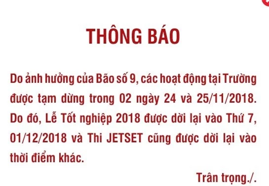 Cao đẳng Kinh tế TP.HCM đăng tải thông báo trên website của trường, tạm dừng mọi hoạt động trong hai ngày 24-25/11. Lễ tốt nghiệp của sinh viên và kỳ thi cũng được thay đổi.