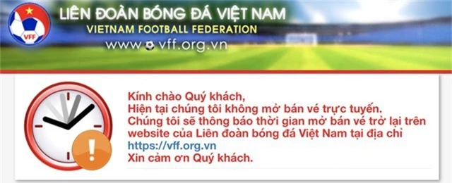 Thông báo trên trang web mua vé của VFF