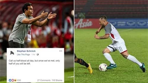 Tiền vệ Stephan Schrock điên tiết đáp trả phát biểu của HLV Indonesia trong buổi họp báo trước trận đấu. Cụ thể, ông Bima Sakti đã gọi Philippines là đội bóng nhiều cầu thủ "máu lai". (Ảnh minh họa: Fox Asia)