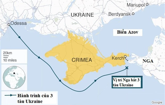  Đồ họa hành trình di chuyển của 3 tàu Ukraine trước khi bị lực lượng an ninh Nga bắt giữ hôm 25/11. Vị trí của thành phố Mariupol nằm ở góc phải bản đồ. (Ảnh: BBC) 
