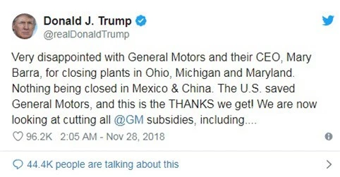 Phản ứng của ông Trump trên Twitter sau khi GM thông báo đóng cửa loạt nhà máy. 