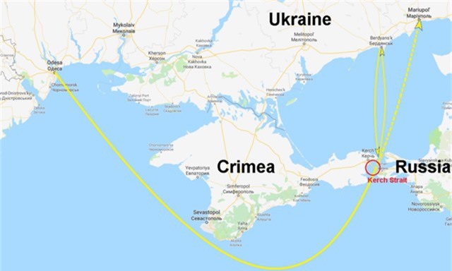 Đường màu vàng mô tả đường di chuyển của nhóm tàu Ukraine (Đồ họa: RT)