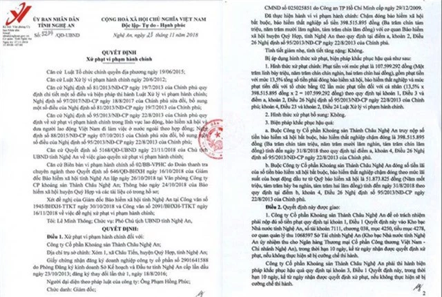 
Quyết định xử phạt vi phạm hành chính trong lĩnh vực BHXH đối với Công ty CP khoáng sản Thành Châu Nghệ An.
