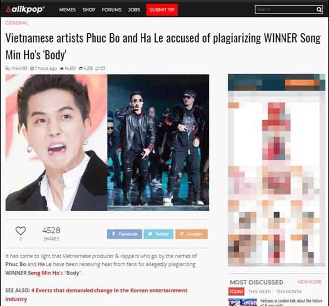 Bài viết Phúc Bồ, Hà Lê đạo nhạc Mino trên một trang tin nước ngoài ẢNH: CHỤP MÀN HÌNH ALLKPOP