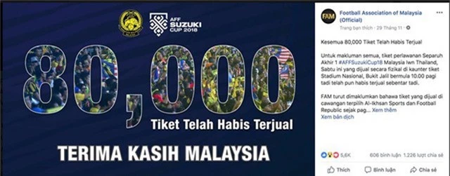 FAM xác nhận đã bán xong 80.000 vé trận đấu ở sân Bukit Jalil tối nay