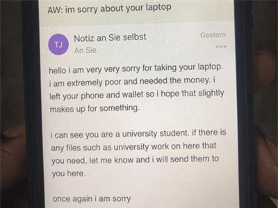 Tên trộm 'có tâm' gửi thư xin lỗi nạn nhân sau khi cuỗm đi laptop